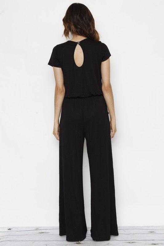 Short Sleeve Jumpsuit with Pocket-jumpsuits-Evelyns Fashion