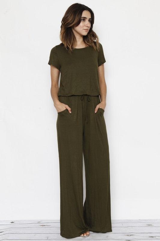 Short Sleeve Jumpsuit with Pocket-jumpsuits-Evelyns Fashion