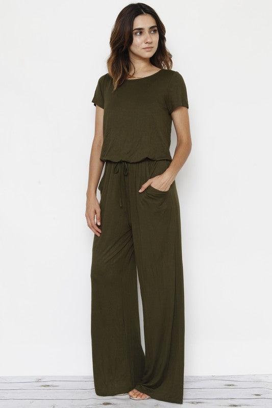 Short Sleeve Jumpsuit with Pocket-jumpsuits-Evelyns Fashion