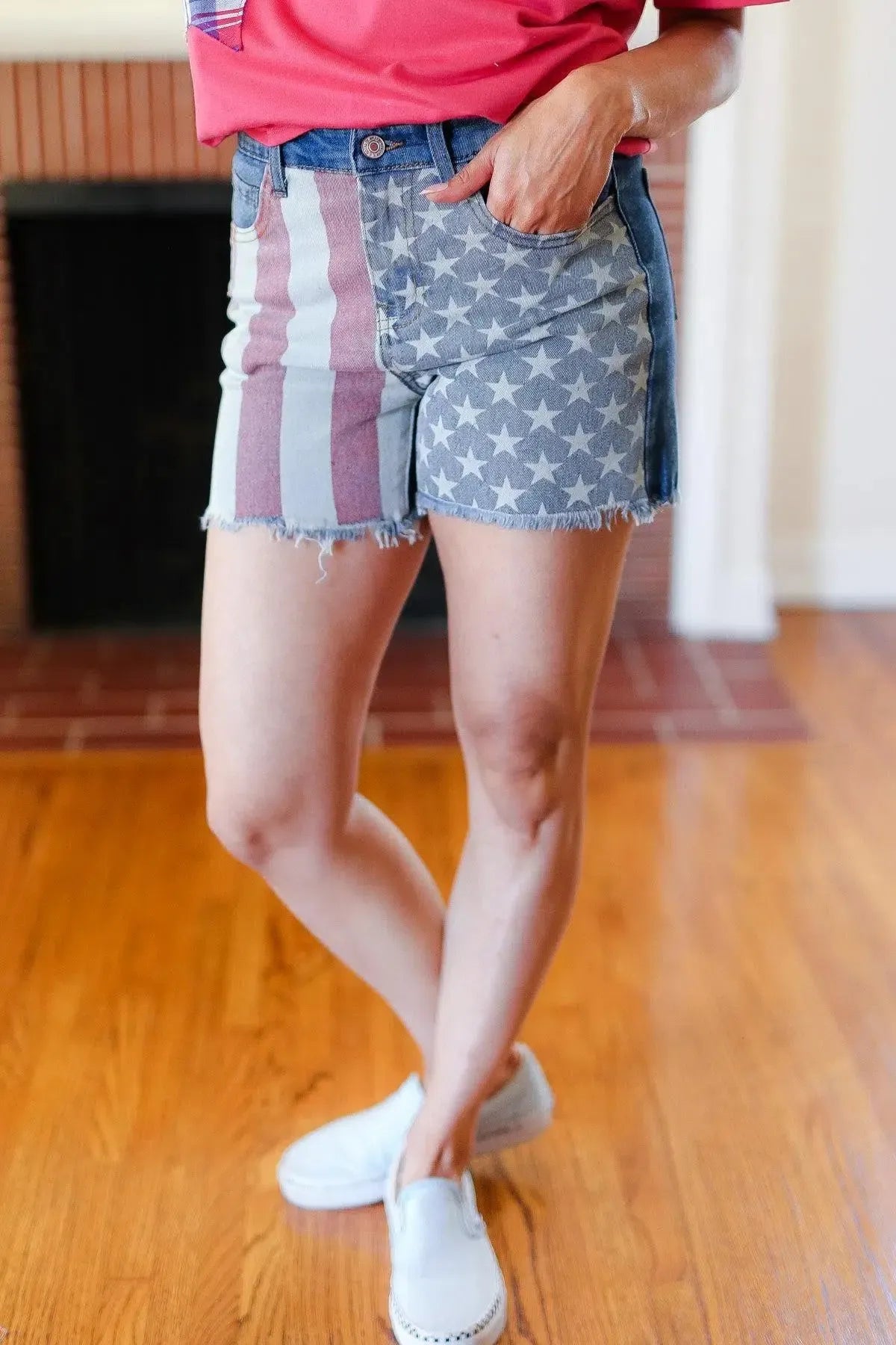 Show Your American Spirit: High Rise Denim Shorts with USA Flag-2024 Blow-Out Sale-Evelyns Fashion