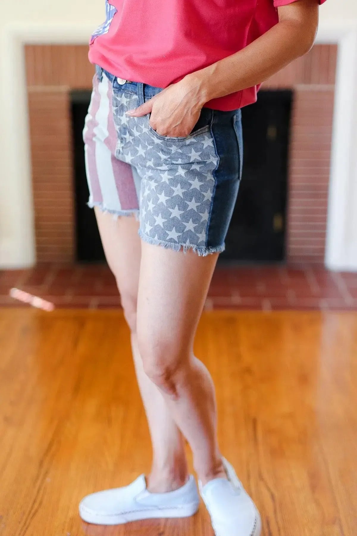 Show Your American Spirit: High Rise Denim Shorts with USA Flag-2024 Blow-Out Sale-Evelyns Fashion