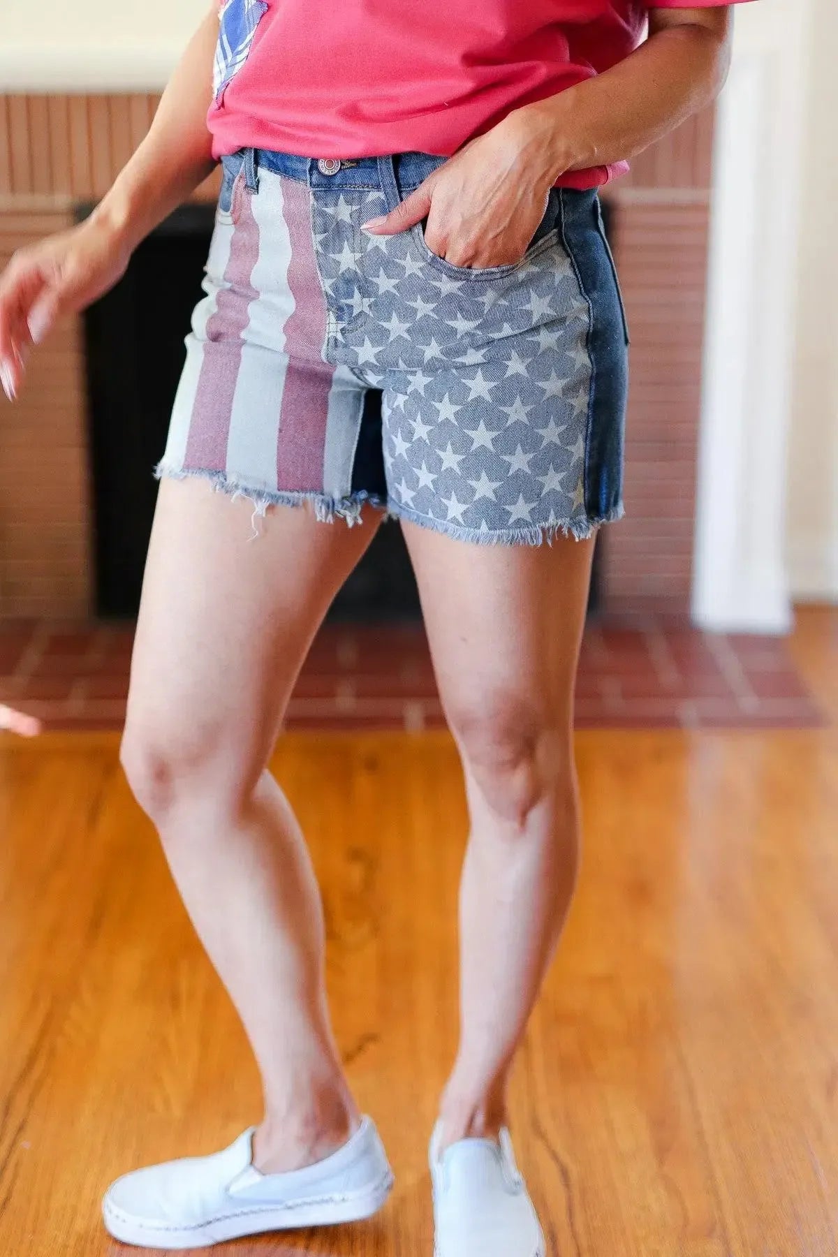 Show Your American Spirit: High Rise Denim Shorts with USA Flag-2024 Blow-Out Sale-Evelyns Fashion