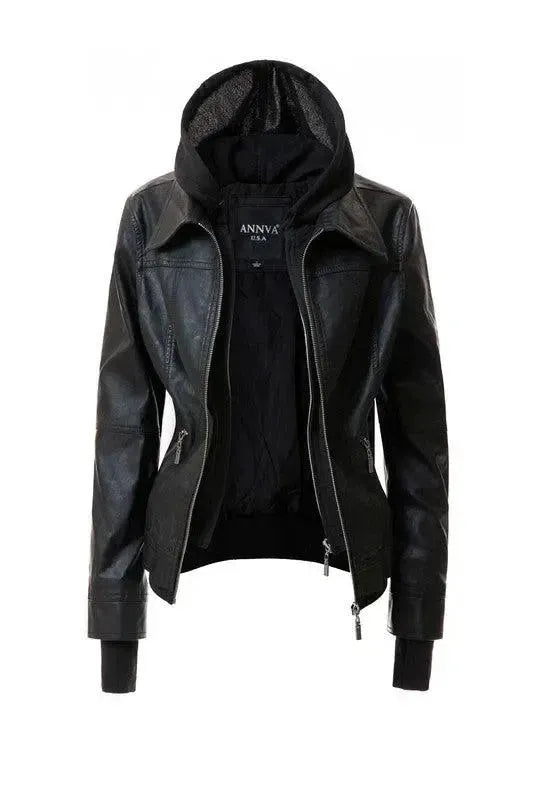 Sleek & Stylish: Women’s Hooded PU Leather Jackets-Apparel & Accessories-Evelyns Fashion