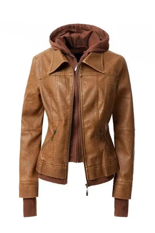 Sleek & Stylish: Women’s Hooded PU Leather Jackets-Apparel & Accessories-Evelyns Fashion
