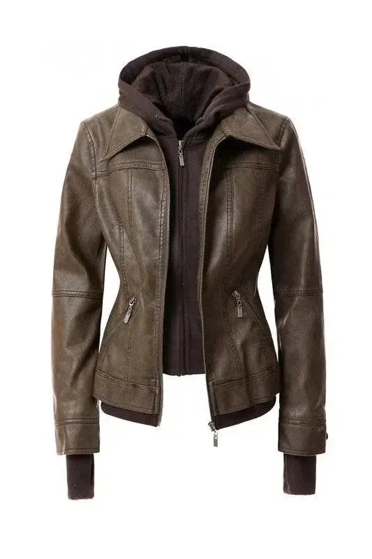 Sleek & Stylish: Women’s Hooded PU Leather Jackets-Apparel & Accessories-Evelyns Fashion