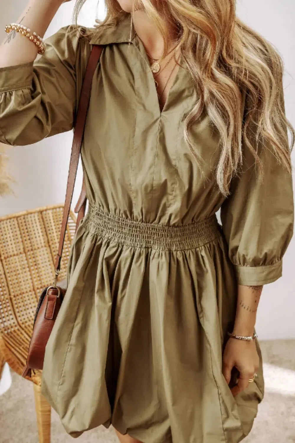 Smocked Johnny Collar Mini Dress-Dress-Evelyns Fashion