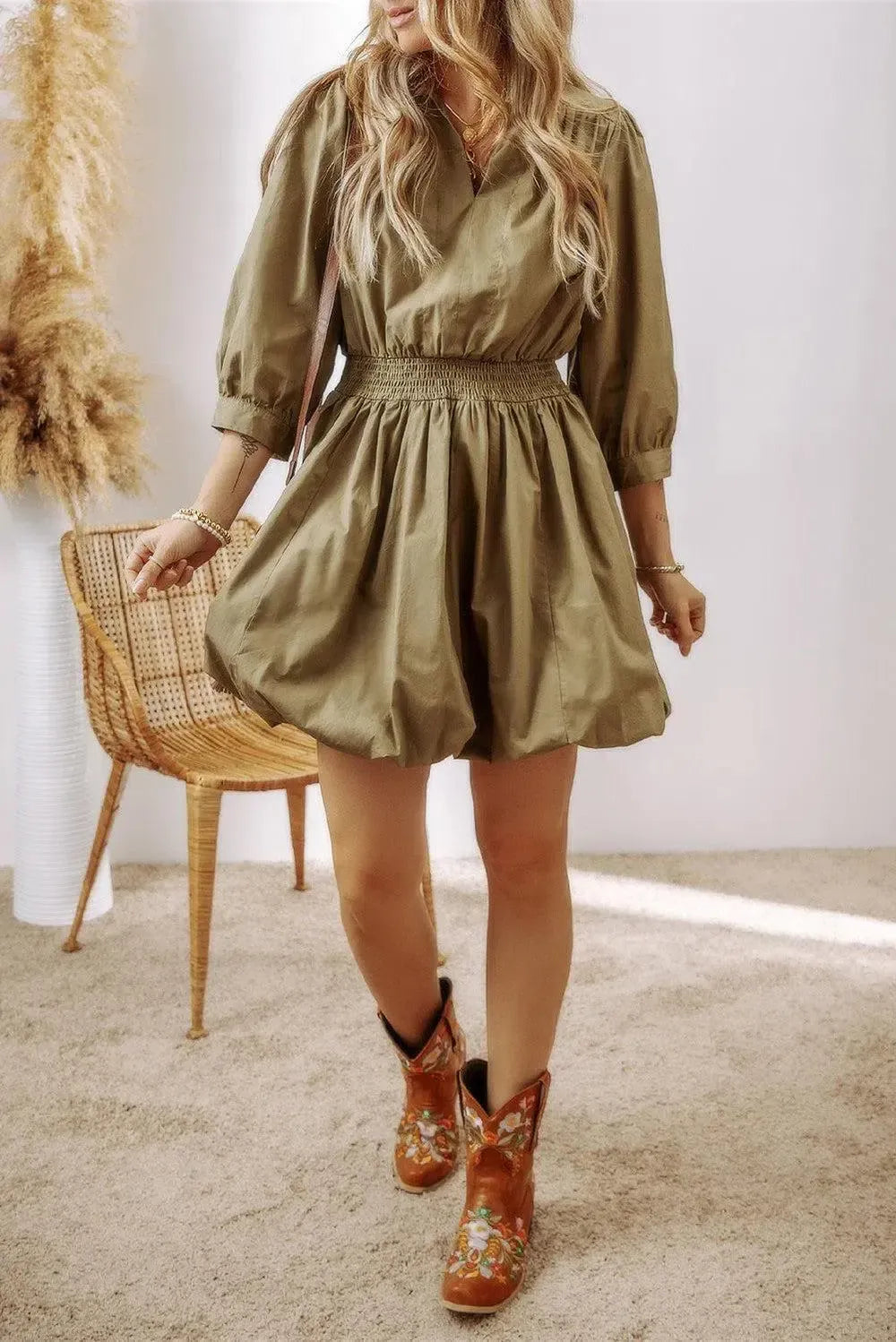 Smocked Johnny Collar Mini Dress-Dress-Evelyns Fashion