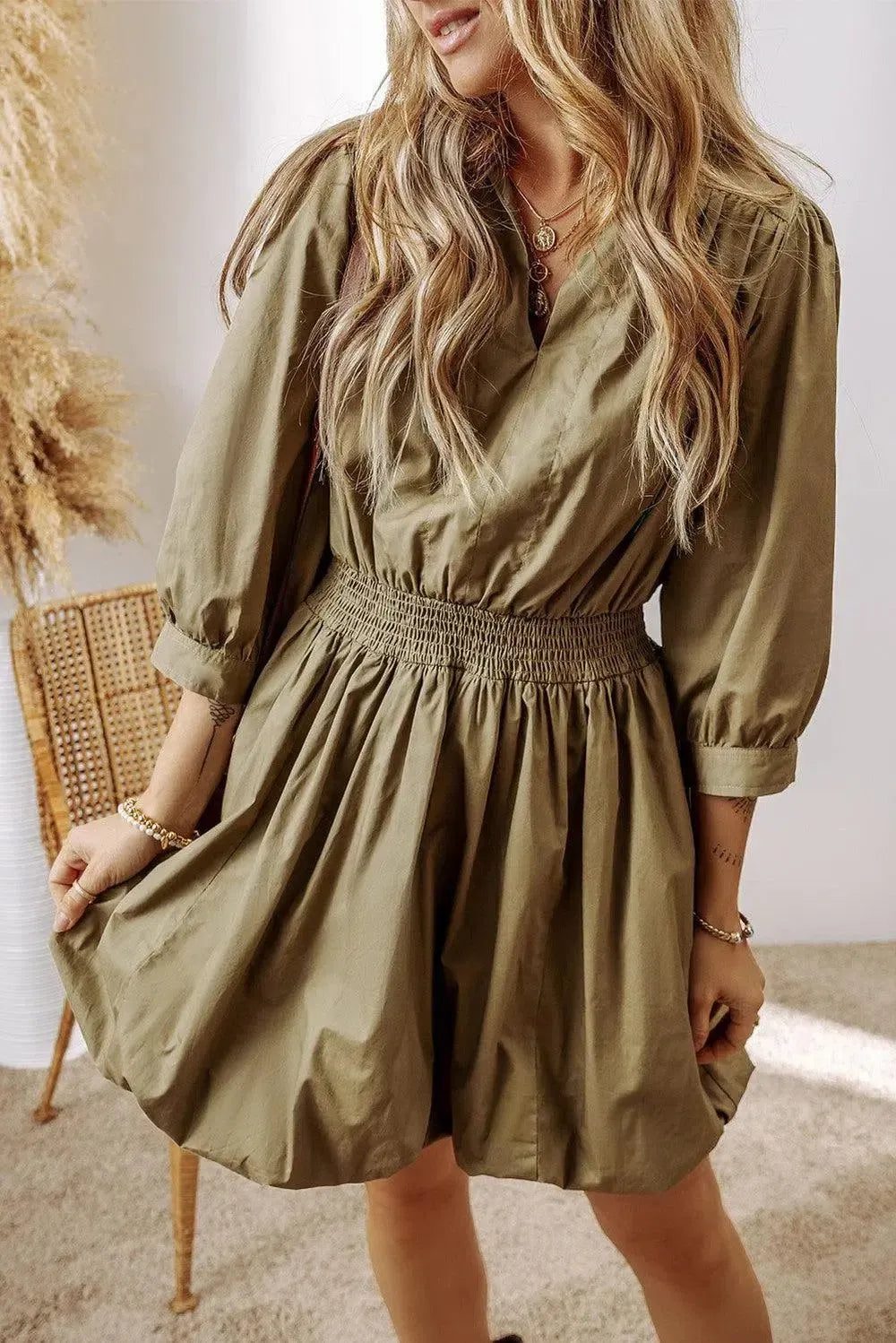 Smocked Johnny Collar Mini Dress-Dress-Evelyns Fashion