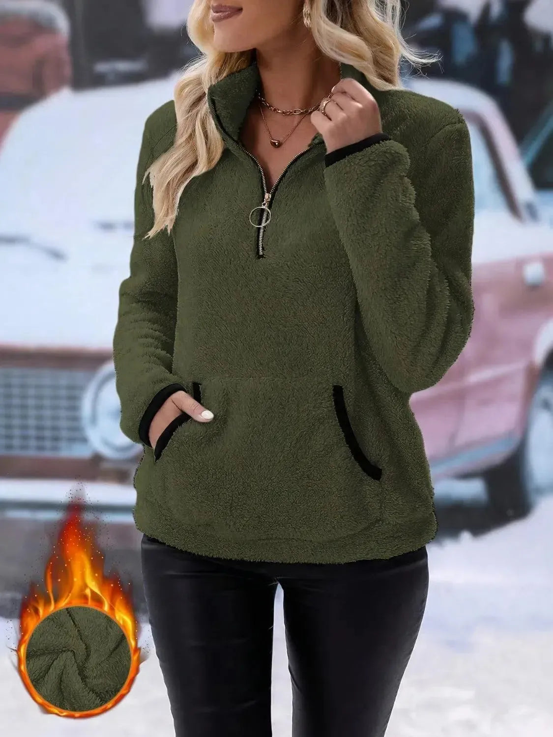 Snuggle Up: Cozy Half Zip Long Sleeve Furry Sweatshirt-Apparel & Accessories-Evelyns Fashion
