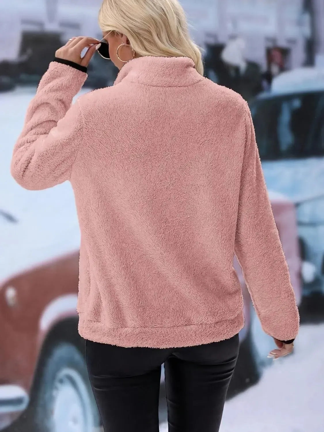 Snuggle Up: Cozy Half Zip Long Sleeve Furry Sweatshirt-Apparel & Accessories-Evelyns Fashion