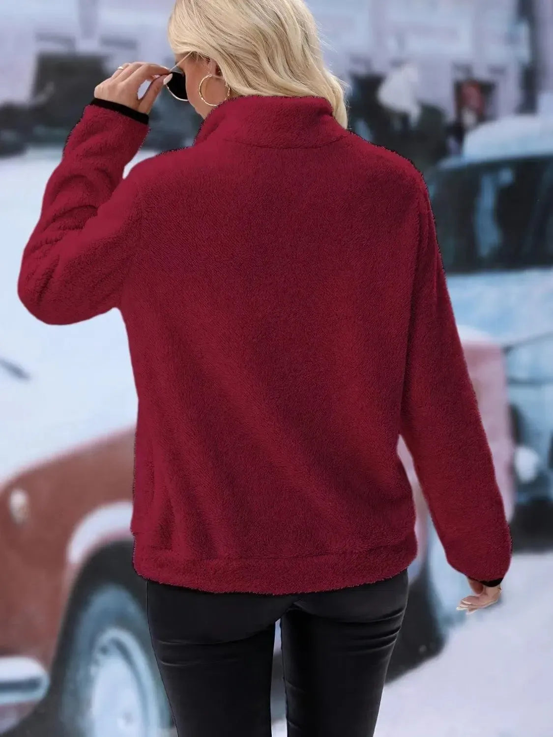 Snuggle Up: Cozy Half Zip Long Sleeve Furry Sweatshirt-Apparel & Accessories-Evelyns Fashion