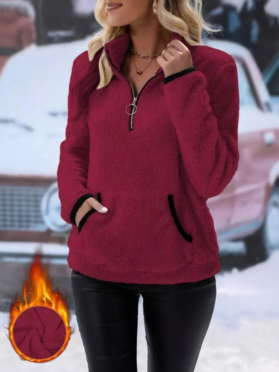 Snuggle Up: Cozy Half Zip Long Sleeve Furry Sweatshirt-Apparel & Accessories-Evelyns Fashion