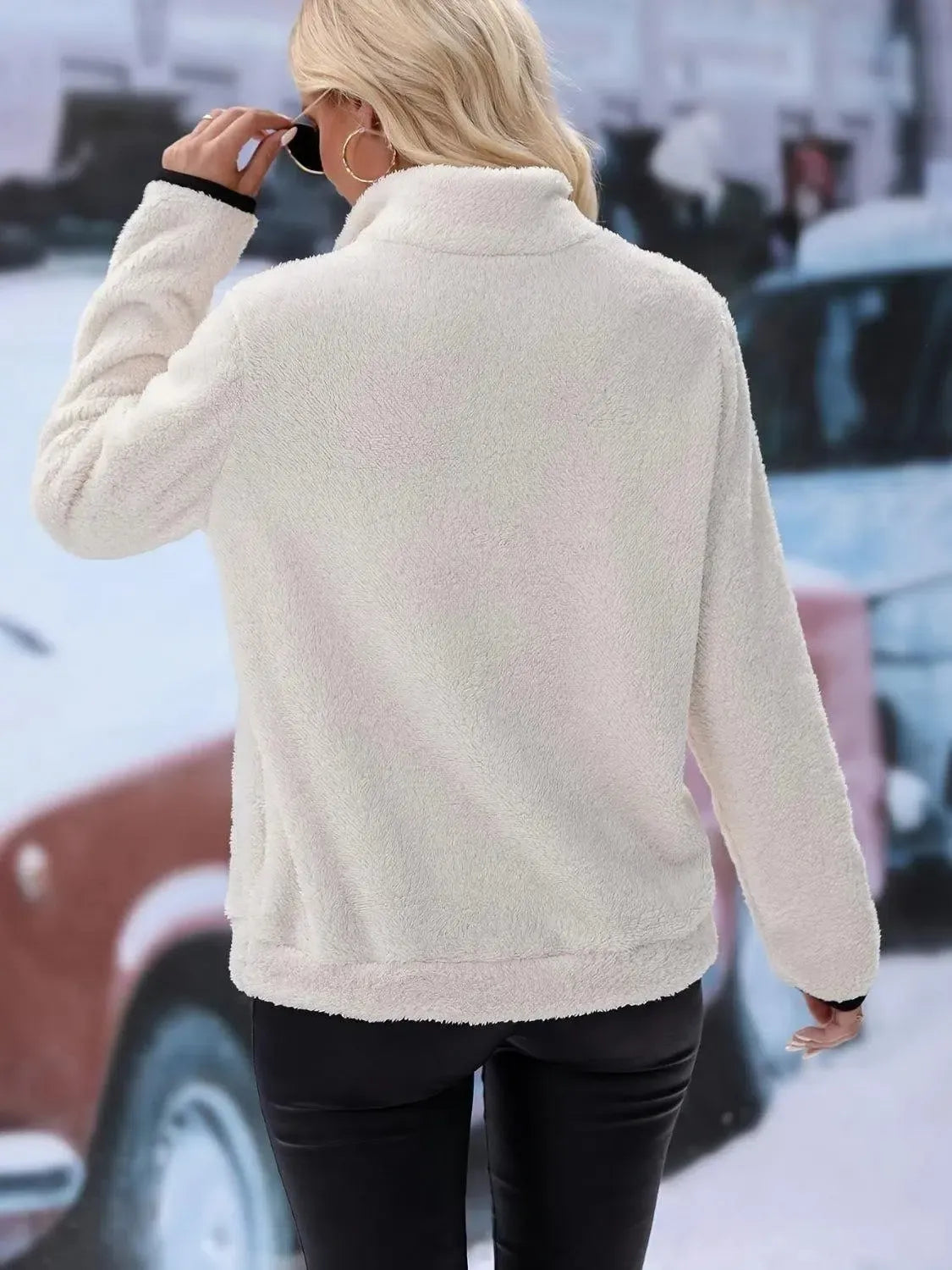 Snuggle Up: Cozy Half Zip Long Sleeve Furry Sweatshirt-Apparel & Accessories-Evelyns Fashion