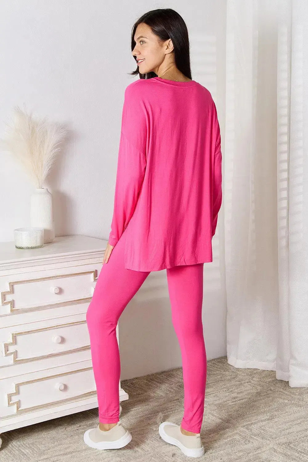 Soft Rayon Long Sleeve Top and Basic Bae Full Size V-Neck d Pants Lounge Set-Apparel & Accessories-Evelyns Fashion