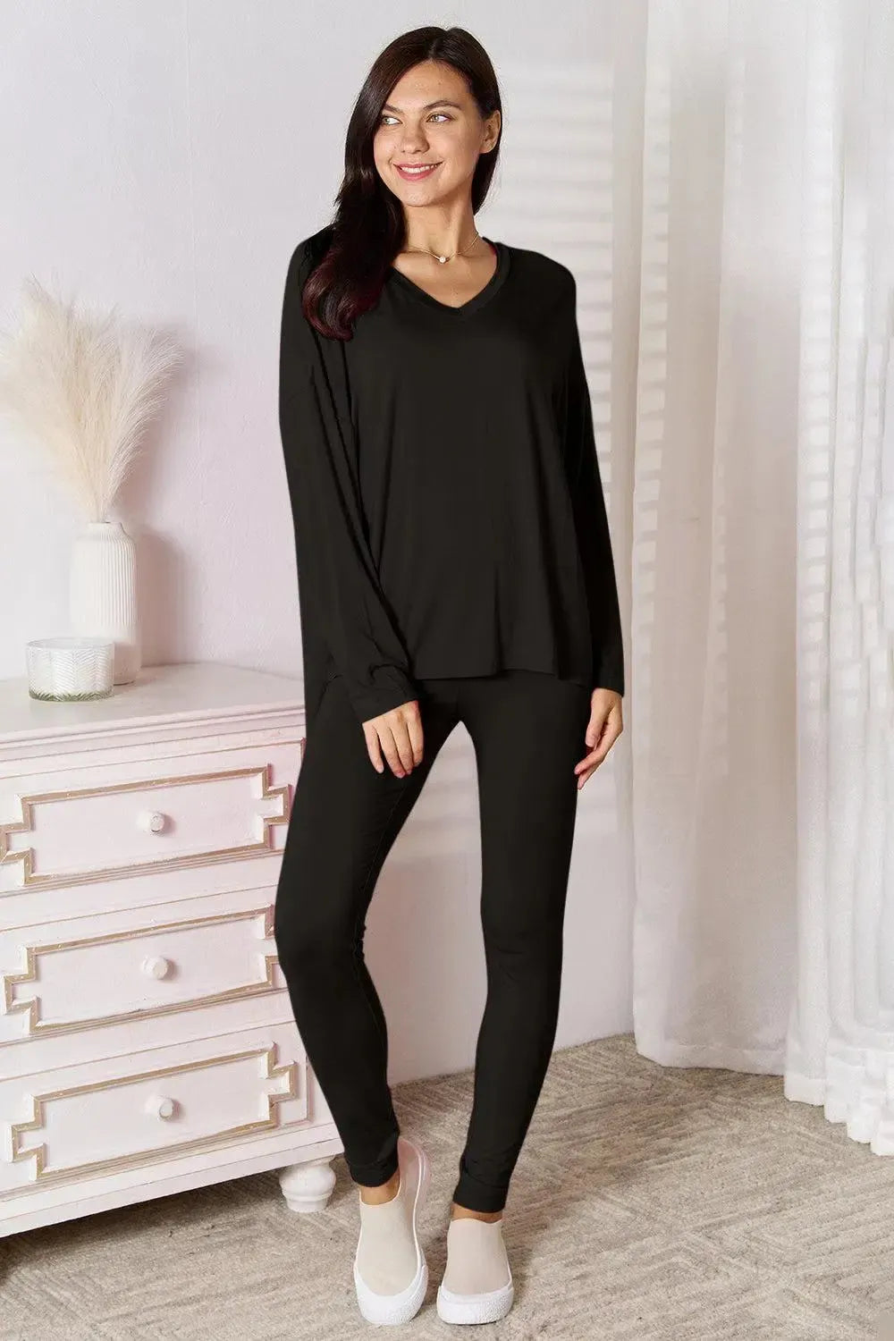 Soft Rayon Long Sleeve Top and Basic Bae Full Size V-Neck d Pants Lounge Set-Apparel & Accessories-Evelyns Fashion