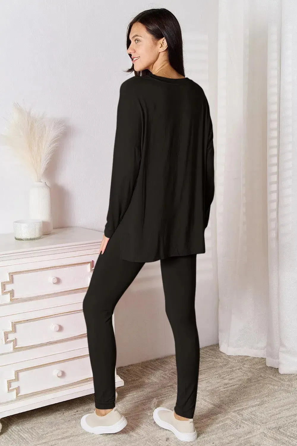 Soft Rayon Long Sleeve Top and Basic Bae Full Size V-Neck d Pants Lounge Set-Apparel & Accessories-Evelyns Fashion