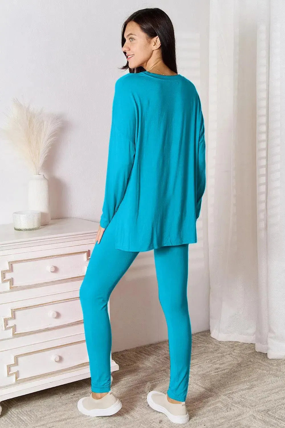 Soft Rayon Long Sleeve Top and Basic Bae Full Size V-Neck d Pants Lounge Set-Apparel & Accessories-Evelyns Fashion