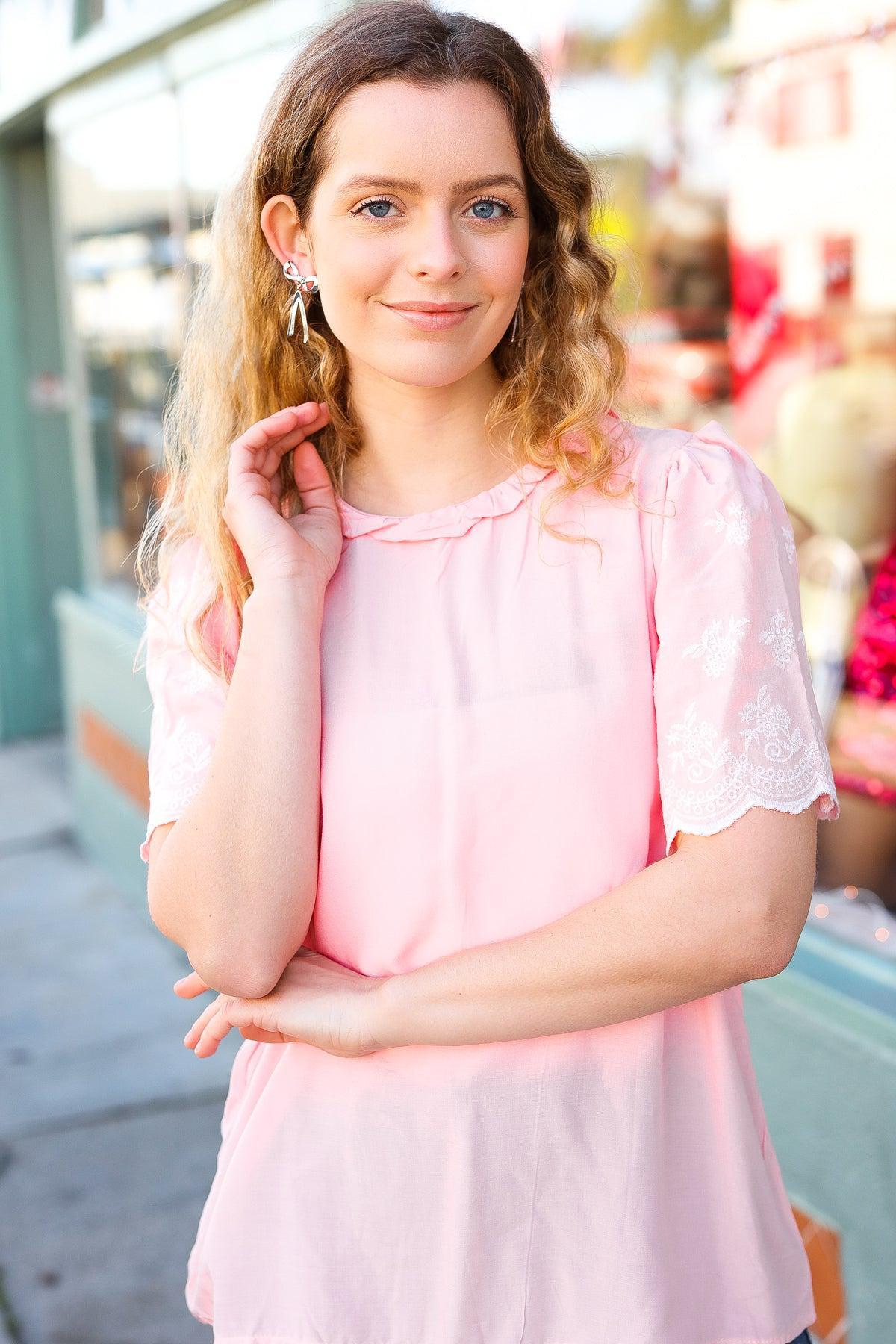 Spread Joy Blush Mock Neck Embroidered Woven Top-Haptics-Evelyns Fashion