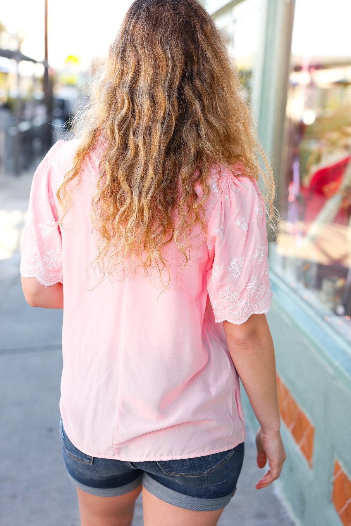 Spread Joy Blush Mock Neck Embroidered Woven Top-Haptics-Evelyns Fashion