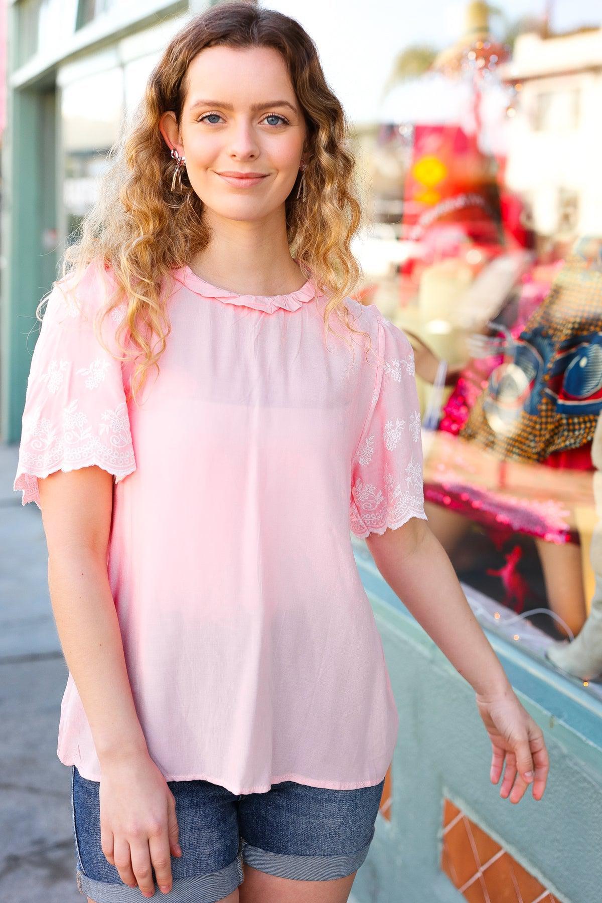 Spread Joy Blush Mock Neck Embroidered Woven Top-Haptics-Evelyns Fashion