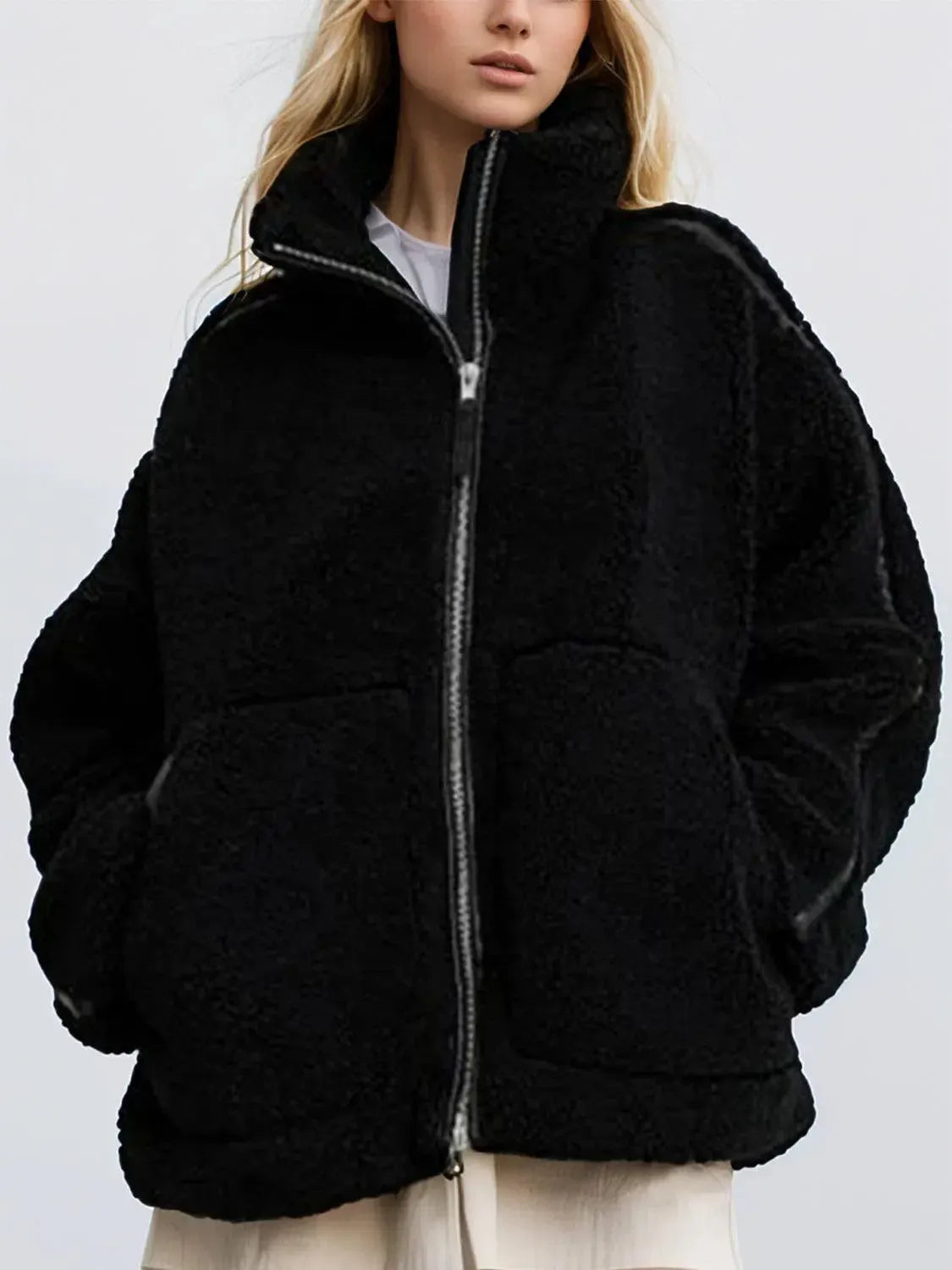 Stay Warm in Style: Zip Up Turtleneck Plush Jacket-Apparel & Accessories-Evelyns Fashion