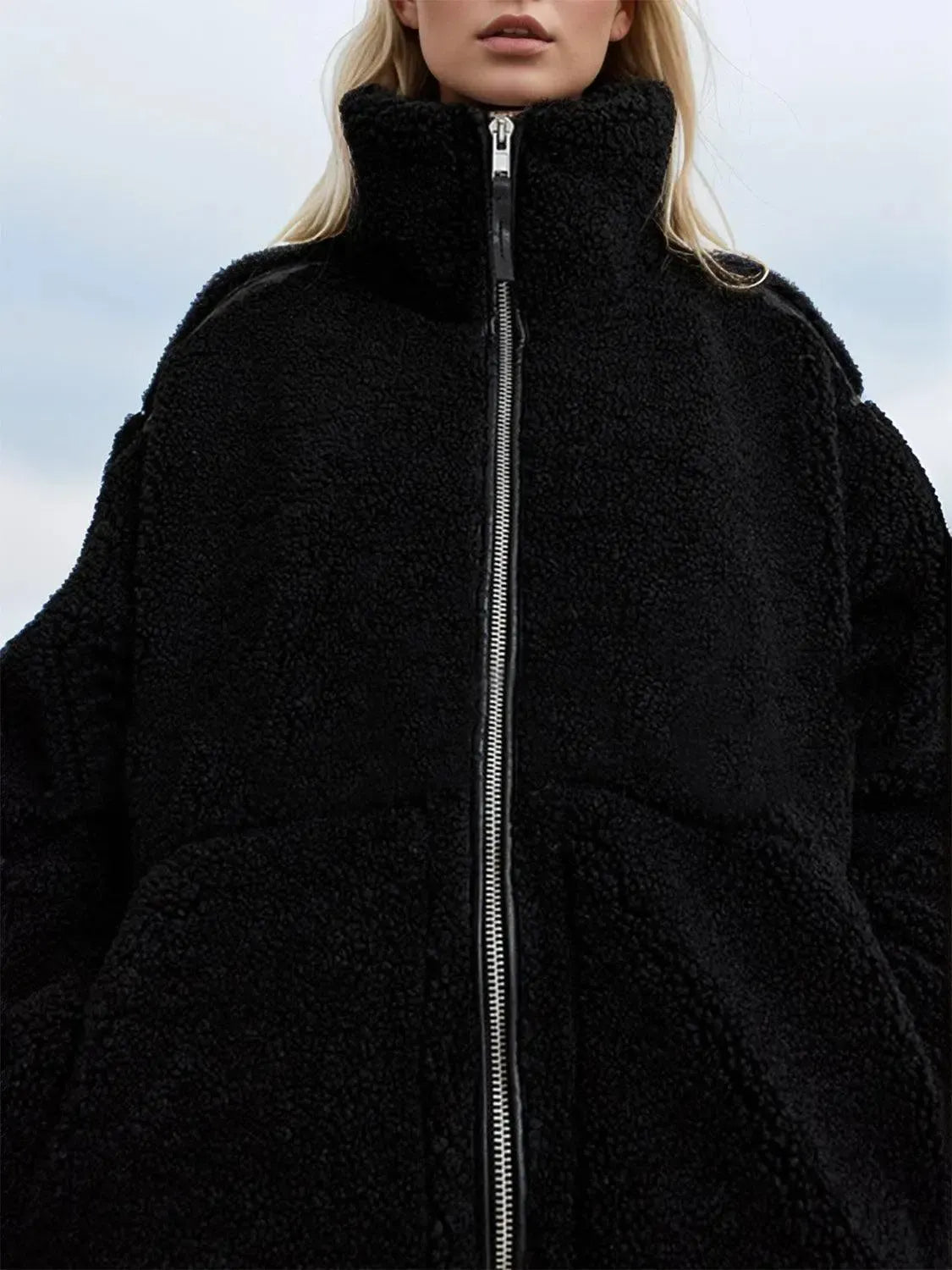 Stay Warm in Style: Zip Up Turtleneck Plush Jacket-Apparel & Accessories-Evelyns Fashion