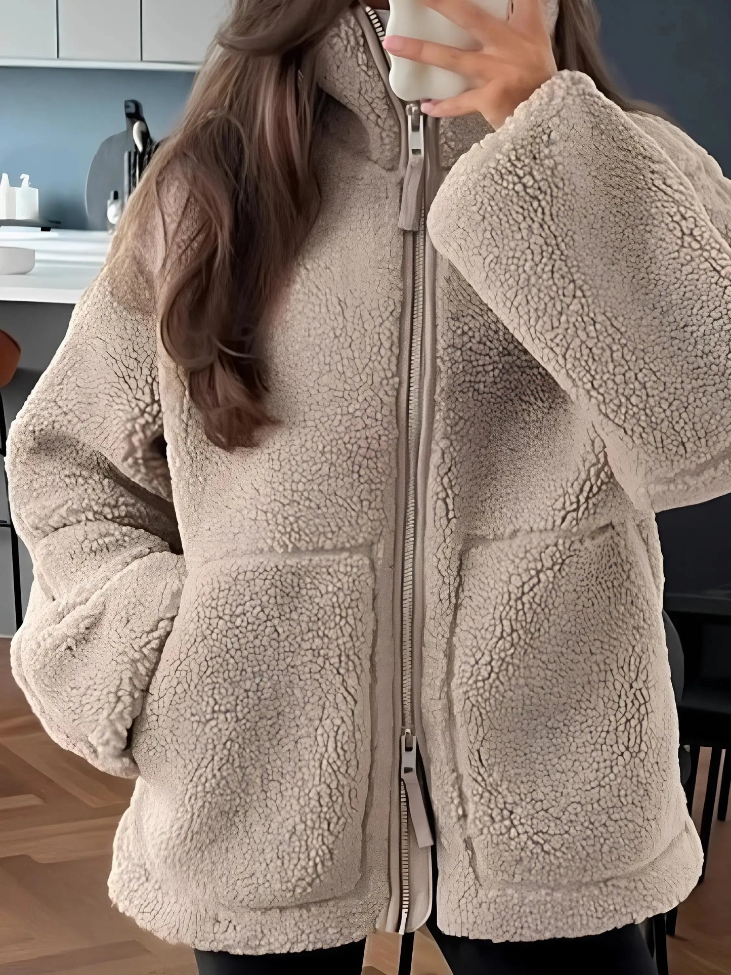 Stay Warm in Style: Zip Up Turtleneck Plush Jacket-Apparel & Accessories-Evelyns Fashion
