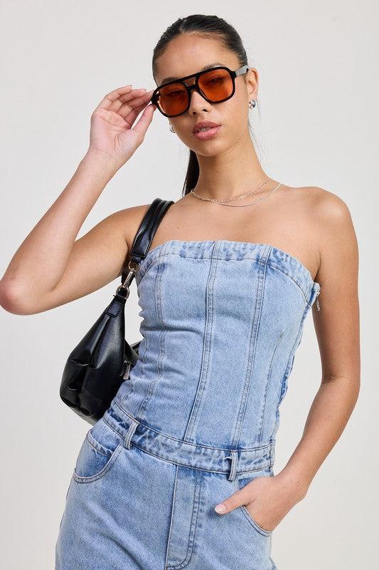 Strapless Denim Jumpsuit-Jumpsuits-Evelyns Fashion