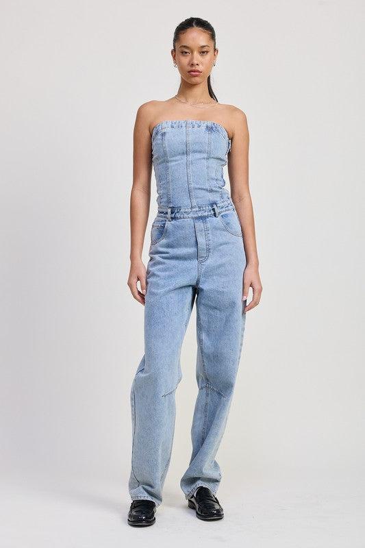 Strapless Denim Jumpsuit-Jumpsuits-Evelyns Fashion