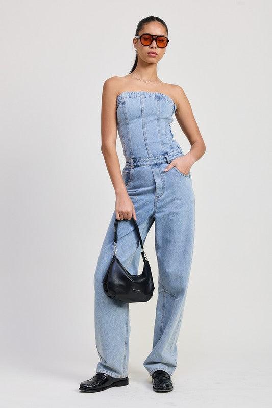 Strapless Denim Jumpsuit-Jumpsuits-Evelyns Fashion