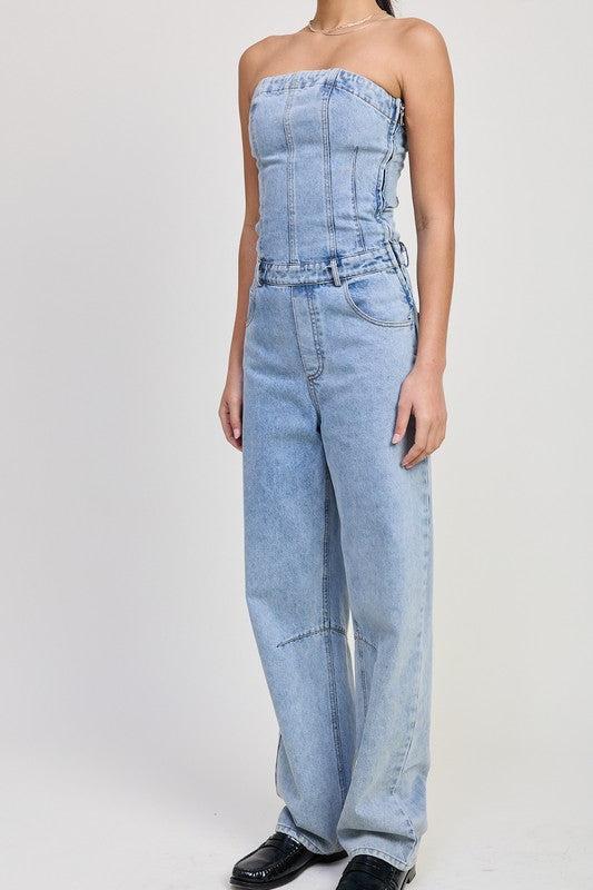 Strapless Denim Jumpsuit-Jumpsuits-Evelyns Fashion