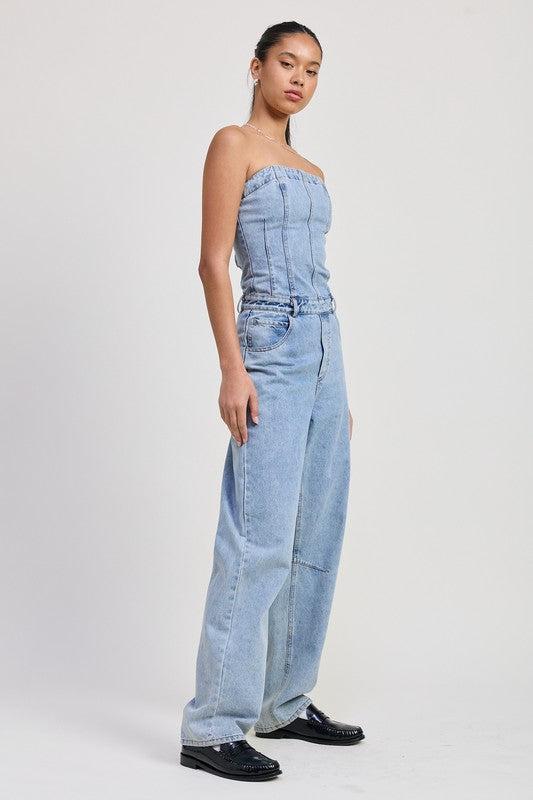Strapless Denim Jumpsuit-Jumpsuits-Evelyns Fashion