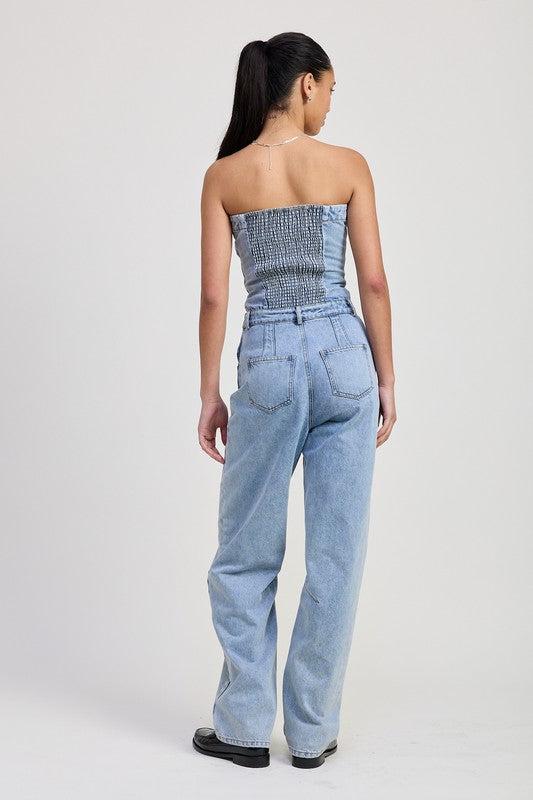 Strapless Denim Jumpsuit-Jumpsuits-Evelyns Fashion