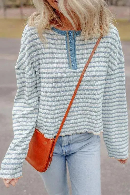 Stripe Textured Long Sleeve Henley Top-long sleeve-Evelyns Fashion