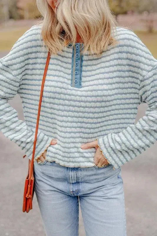 Stripe Textured Long Sleeve Henley Top-long sleeve-Evelyns Fashion