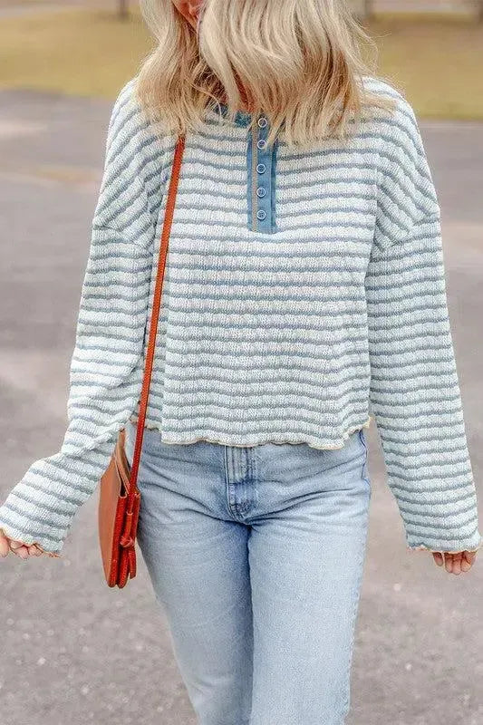 Stripe Textured Long Sleeve Henley Top-long sleeve-Evelyns Fashion