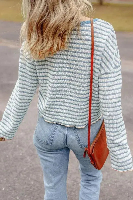 Stripe Textured Long Sleeve Henley Top-long sleeve-Evelyns Fashion