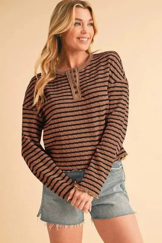 Stripe Textured Long Sleeve Henley Top-long sleeve-Evelyns Fashion