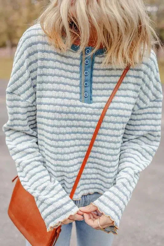 Stripe Textured Long Sleeve Henley Top-long sleeve-Evelyns Fashion