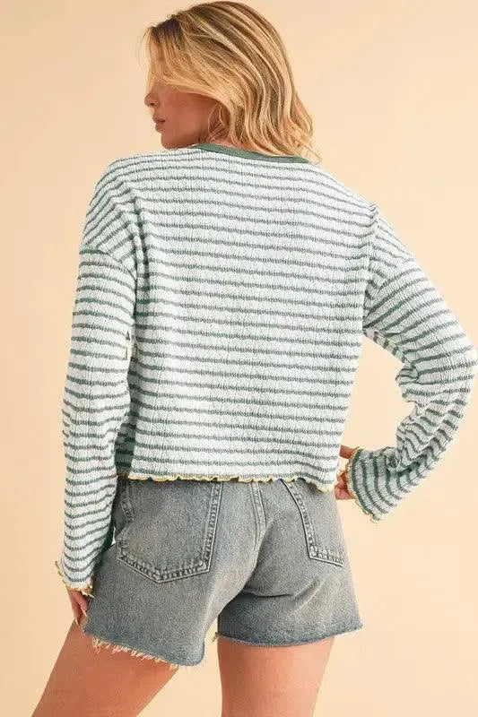 Stripe Textured Long Sleeve Henley Top-long sleeve-Evelyns Fashion