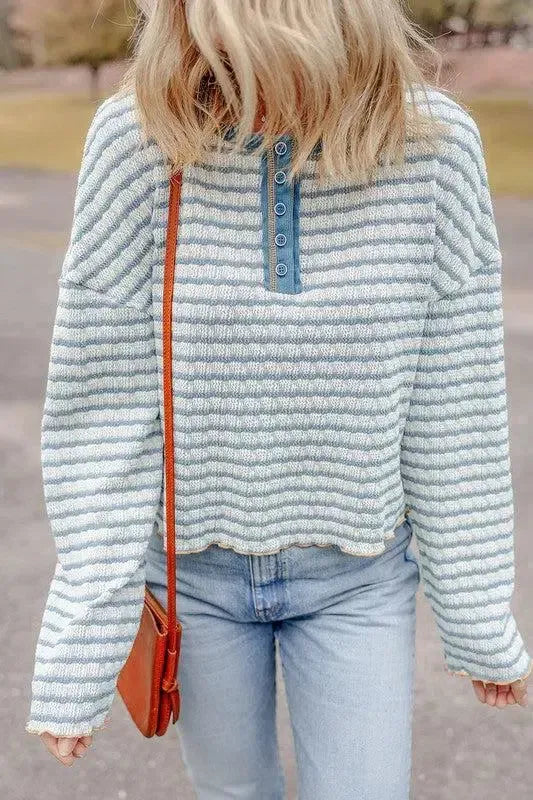 Stripe Textured Long Sleeve Henley Top-long sleeve-Evelyns Fashion