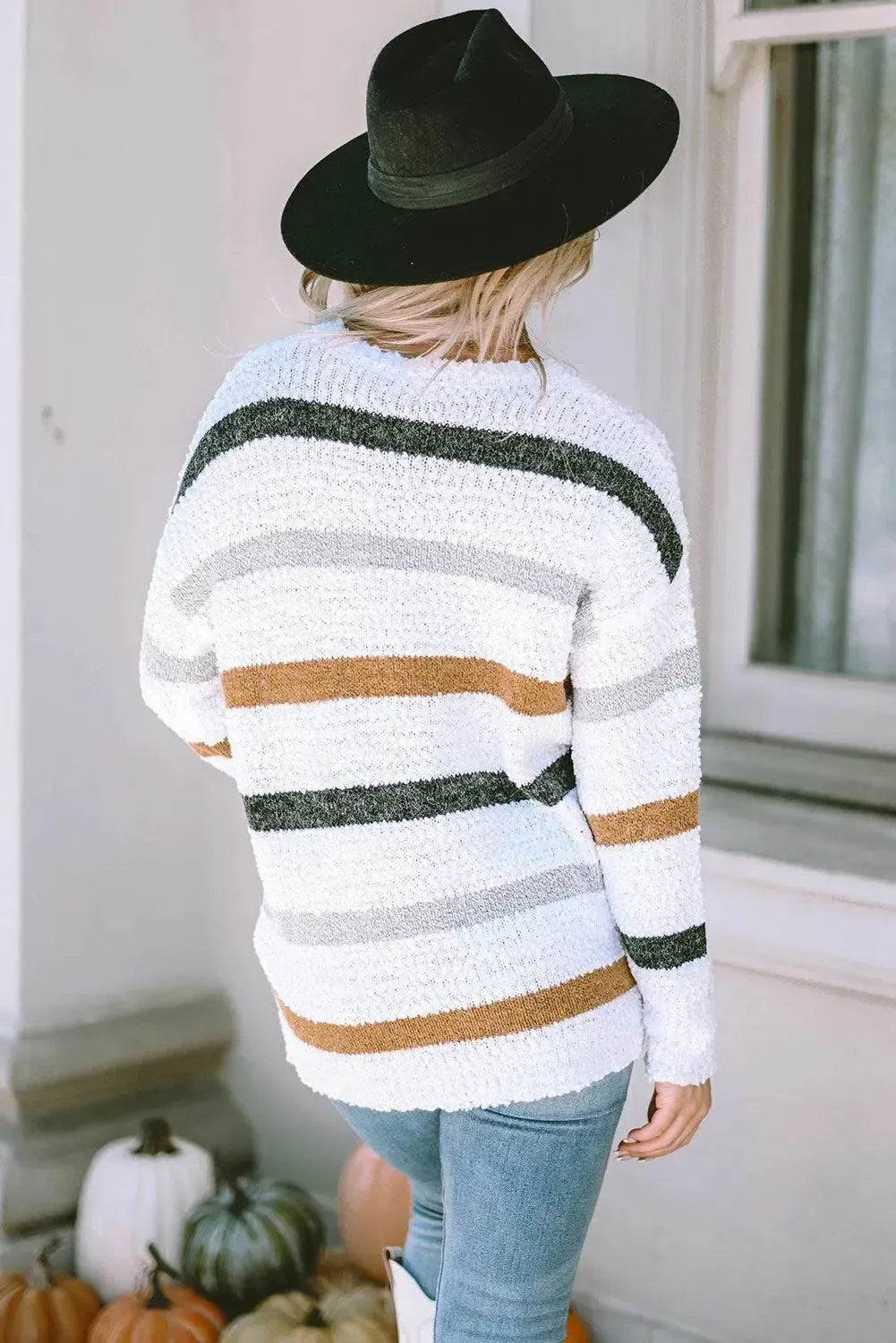 Striped Round Neck Dropped Shoulder Sweater-Sweater-Evelyns Fashion