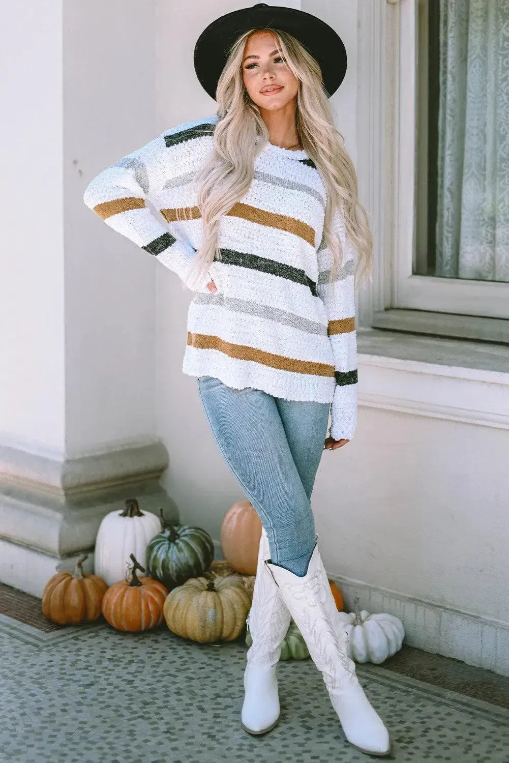 Striped Round Neck Dropped Shoulder Sweater-Sweater-Evelyns Fashion