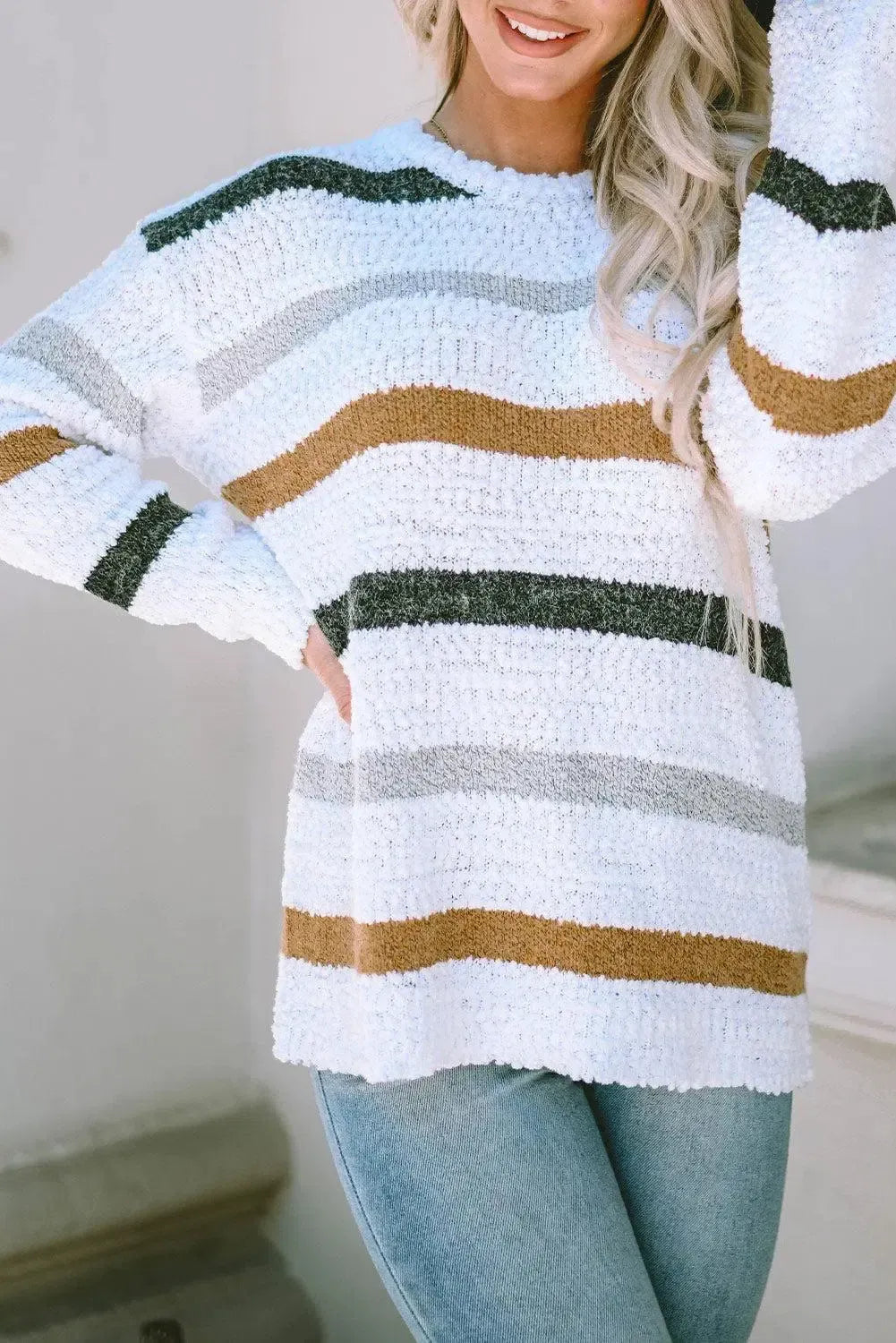 Striped Round Neck Dropped Shoulder Sweater-Sweater-Evelyns Fashion