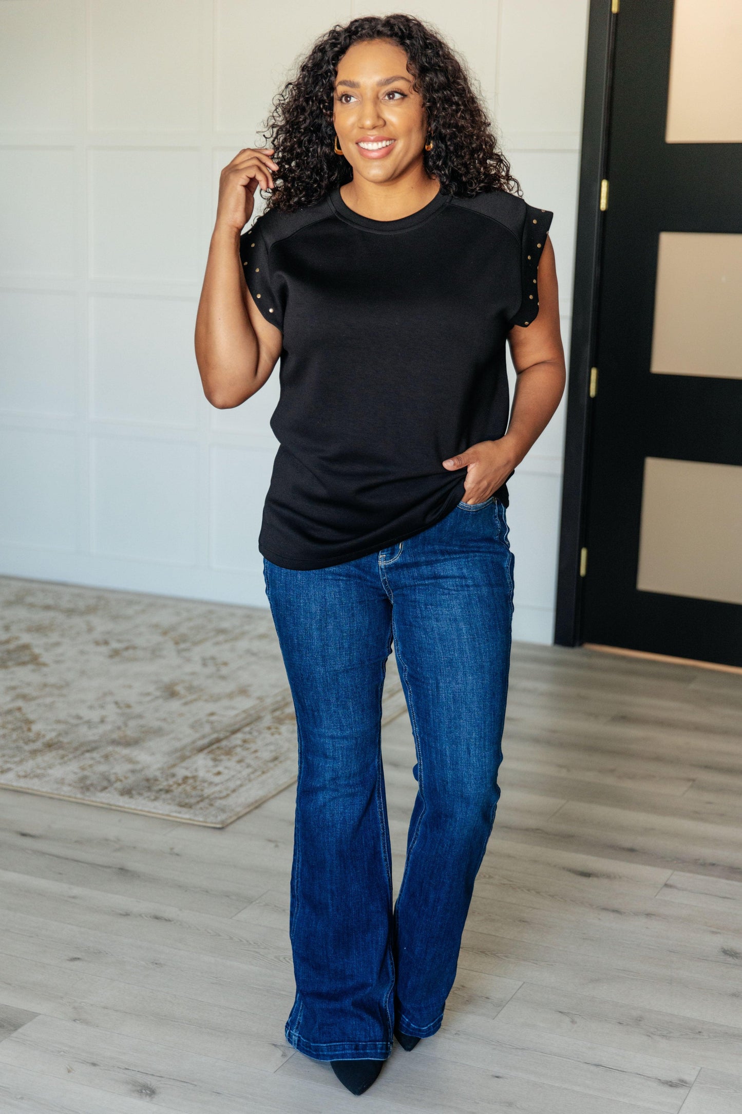 Studded Cap Sleeve Top – Edgy, Soft & Effortlessly Chic-Tops-Evelyns Fashion