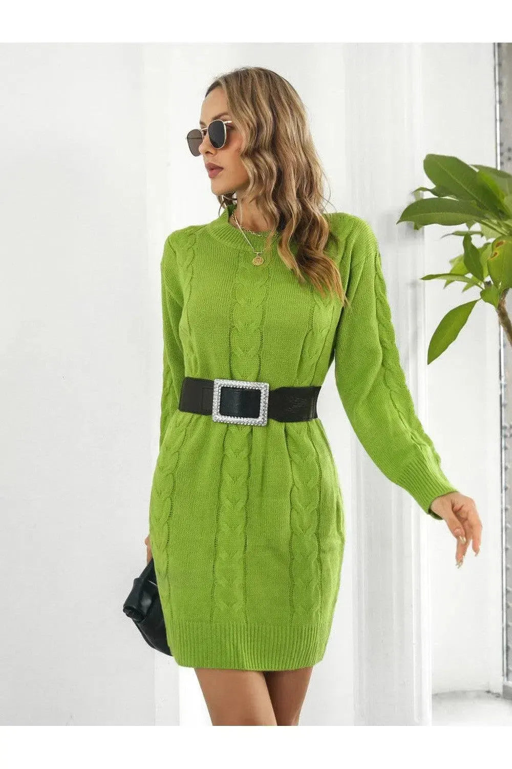 Stylish Cable-Knit Sweater Dress-Apparel & Accessories-Evelyns Fashion