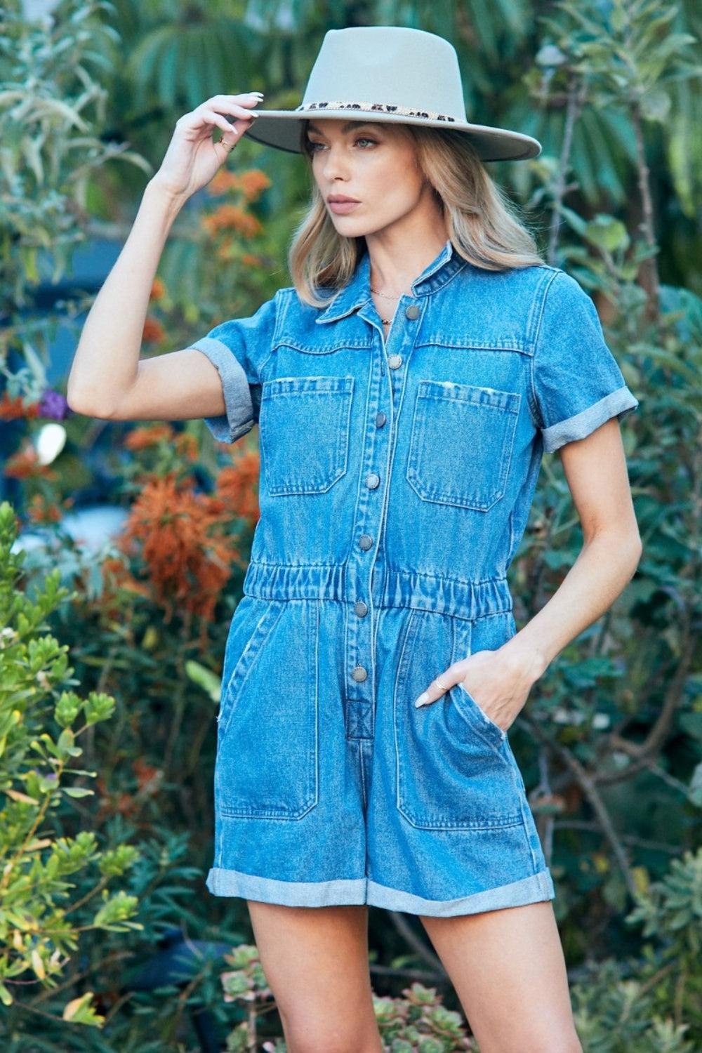 Stylish Comfort: Veveret Elastic Waistband Denim Romper-Rompers-Evelyns Fashion
