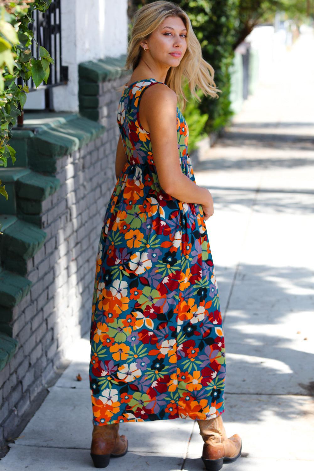 Stylish Floral Sleeveless Maxi Dress-Maxi Dress-Evelyns Fashion