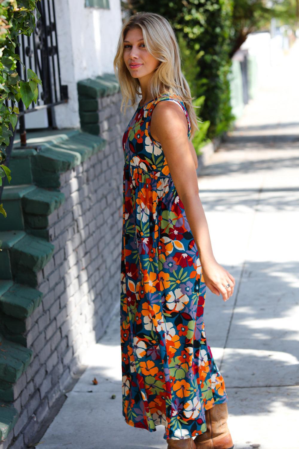 Stylish Floral Sleeveless Maxi Dress-Maxi Dress-Evelyns Fashion