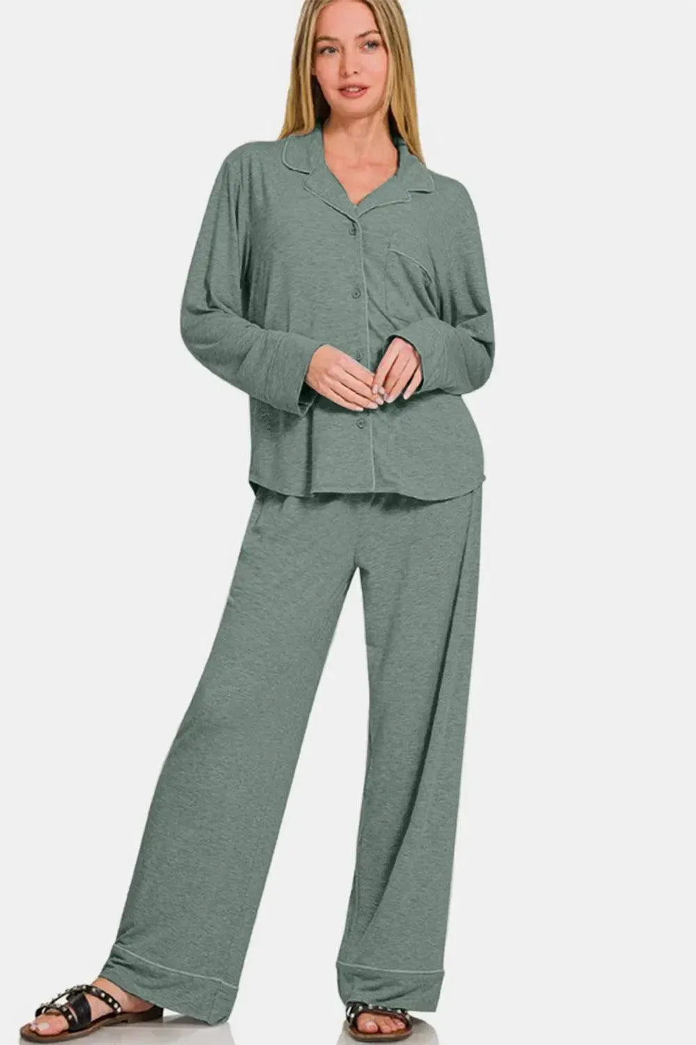 Stylish Zenana Button Down Lounge Set for Relaxation-Loungewear-Evelyns Fashion